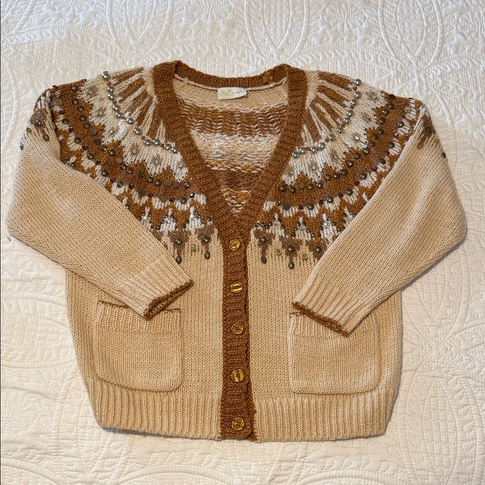 Mes Demoiselles Cream and Brown Patterned Cardigan